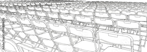 Rows of empty folding chairs are lined up in an auditorium or event space