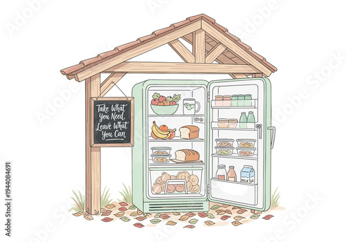 Community refrigerator with food and a sign encouraging sharing, symbolizing mutual aid