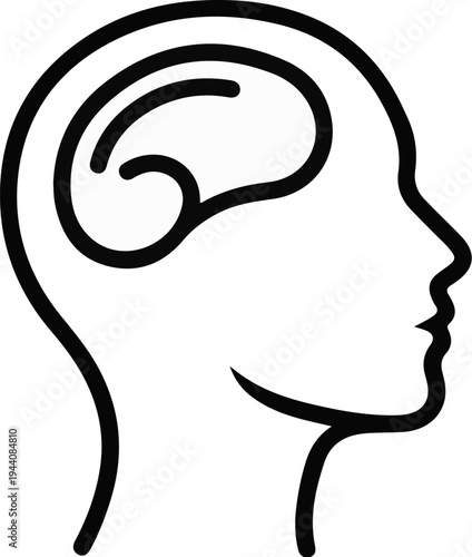 Stylized black line art profile of a human head with a prominent brain outline
