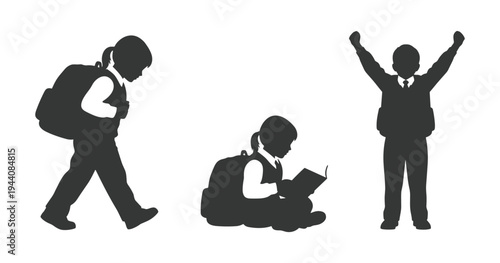 Black School Children Silhouettes — Walking with Backpack, Reading, and Celebrating Poses