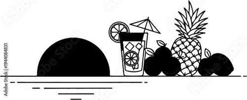 Tropical fruits and a refreshing drink with ice cubes and a slice of citrus