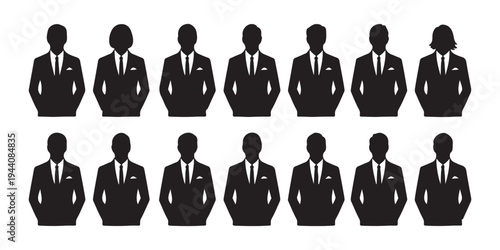 Collection of silhouette business people icons representing diversity in gender and profession on white background
