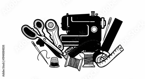 Sewing machine, scissors, thread, thimble, measuring tape, ruler, and rotary cutter