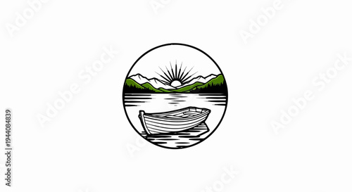 Serene lake at sunrise with mountains, forest, and a lone boat