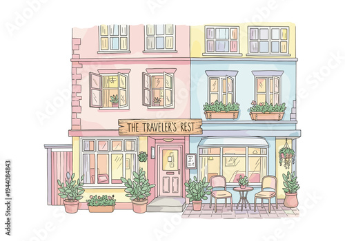 Charming illustration of "The Traveler's Rest" inn with pastel colors and inviting facade