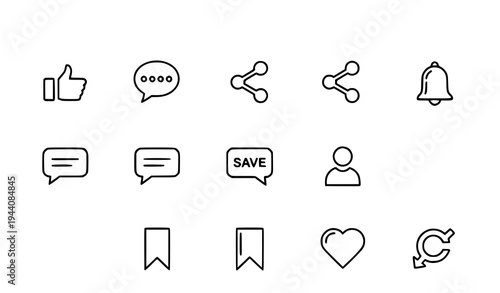 Modern Social Media Interface Icons Set with Like Comment Share Save Flat Outline UI Symbols Vector