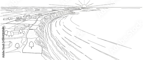 Seaside village with coastal cliffs and sun rising over ocean waters