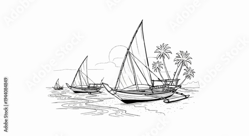 Tropical scene with sailboats moored near a sandy shore with palm trees