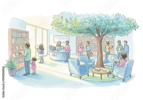 Diverse people enjoying a modern library with a large indoor tree and comfortable seating areas