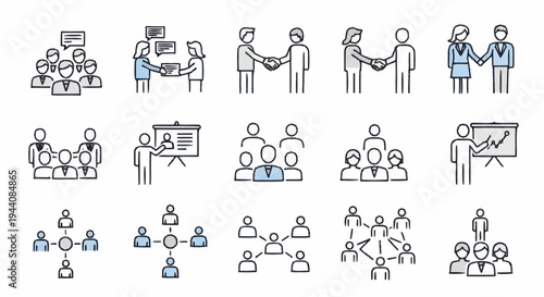 Collection of business meeting and collaboration icons.