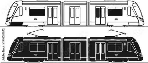 Two articulated tram vehicles, one in outline, one in silhouette, side views