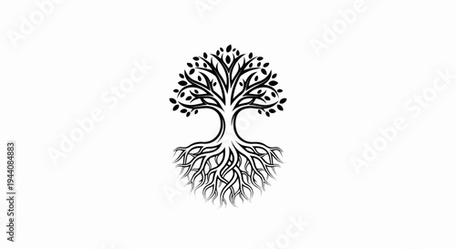 Stylized black tree with prominent roots and leaves against white