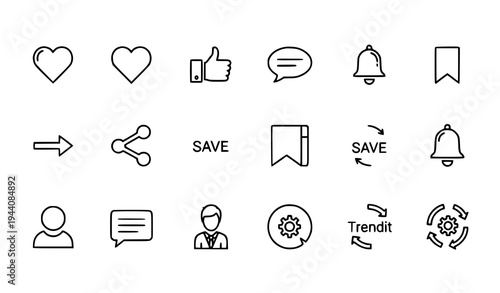 Social Media UI Icons Collection Like Comment Share Save Notification Flat Outline Vector