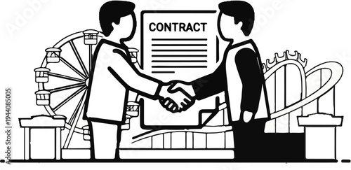 Two businessmen shake hands over a contract with amusement park rides in the background