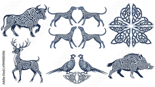 Historical depiction of various stylized animals and mythical creatures from ancient art Vector