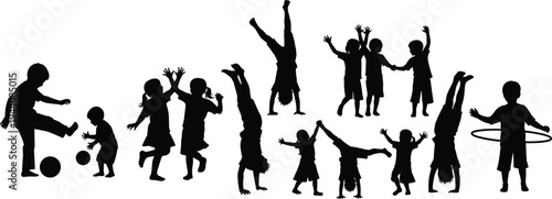 Kids playing silhouette set, children jumping dancing cartwheel and ball play activity poses collection isolated on white background
