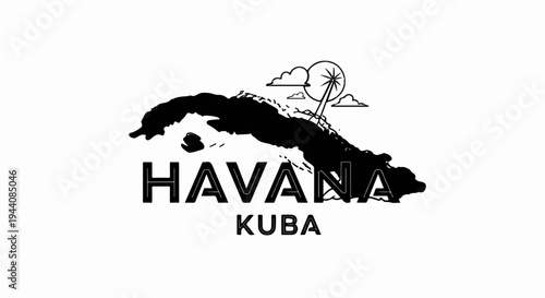 Stylized Cuba map silhouette with Havana text and a landmark
