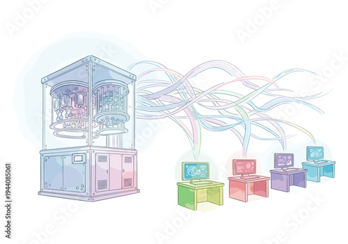 Advanced quantum computer processing data and distributing it to multiple workstations for analysis