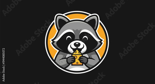 Cartoon raccoon eating cheese mascot