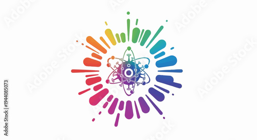 Abstract atom with virus-like particles at its core, radiating colorful splashes