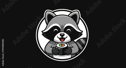 Cartoon raccoon holding sushi roll
