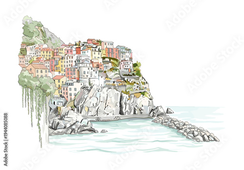 Colorful Italian village perched on a rocky cliff overlooking the sea