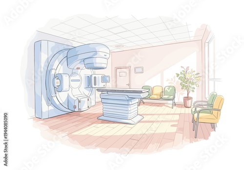 Modern linear accelerator treatment room with waiting area and plant