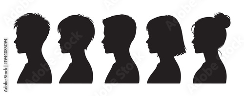 Set of black people profile silhouettes, side view, different hairstyles, children and adults