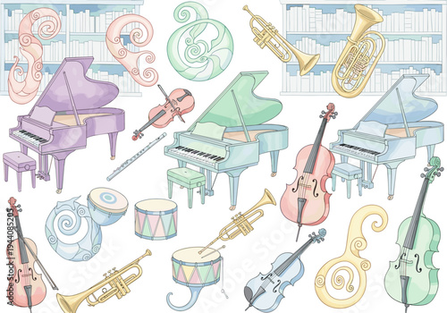 Collection of colorful musical instruments and decorative elements on a bookshelf background