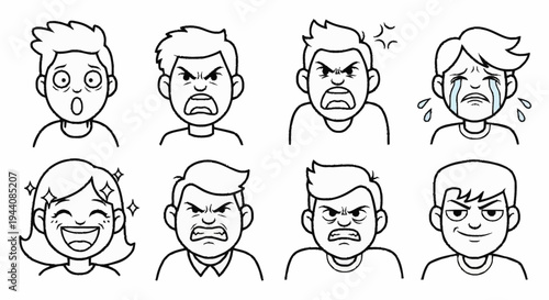Collection of cartoon faces showing different emotions and expressions.
