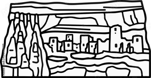Stylized depiction of cliff dwellings nestled within a rugged canyon landscape