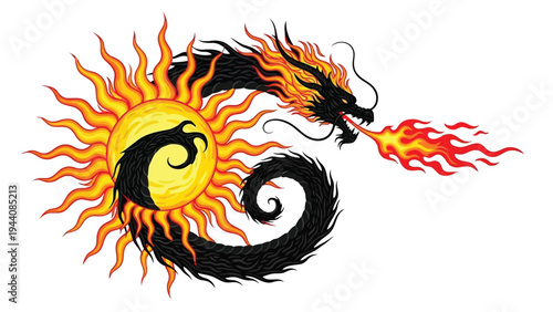 Mythical dragon surrounded by radiant sunlight and celestial flames Vector