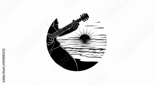 Silhouette of a person playing guitar against a sunset over the ocean