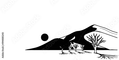 Stylized desert landscape with barren trees under a large sun and dunes