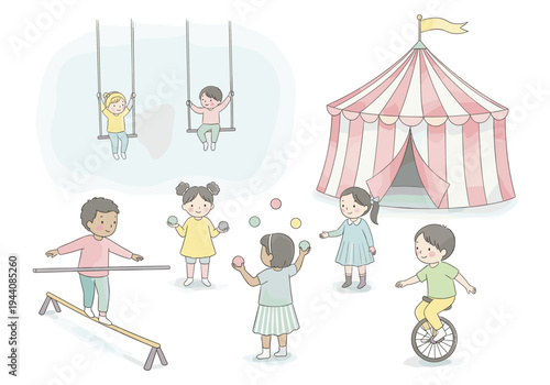 Children enjoying various circus activities under a big top tent with swings and juggling