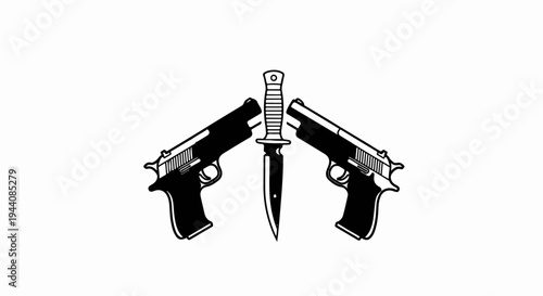 Two handguns flank a dagger, creating a symmetrical, menacing composition on a white background