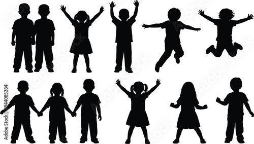 Kids silhouette collection, happy children jumping and standing poses, boys and girls playful activities, childhood fun vector illustration isolated