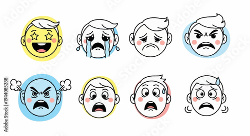 Collection of cartoon faces showing various emotions and expressions.