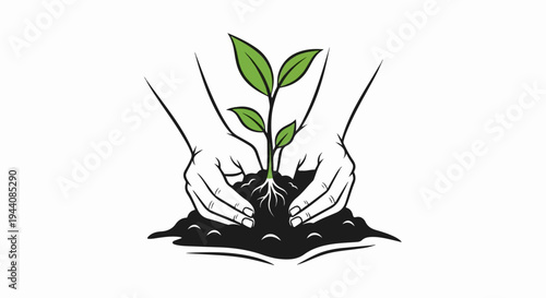 Two hands gently cradle a small green plant growing from rich soil