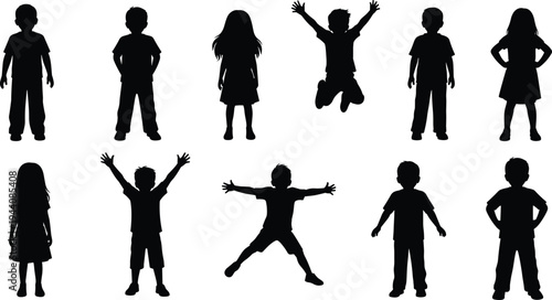 Kids silhouettes collection, children standing jumping and playing poses set, boys and girls playful activity figures isolated vector illustration