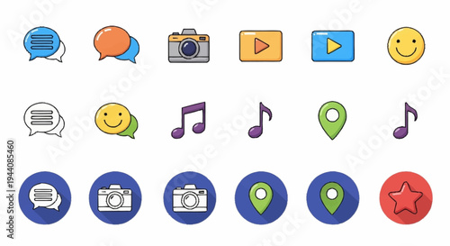 Collection of colorful digital icons for social media and communication.