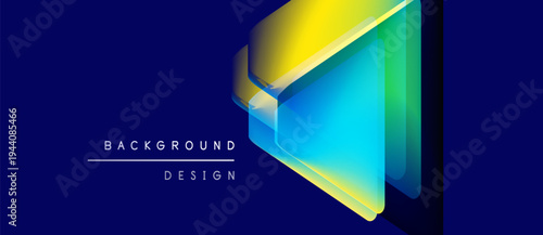 Abstract geometric shapes overlap, creating vibrant gradient effect. Blue, yellow hues dominate dark background. Modern design element.
