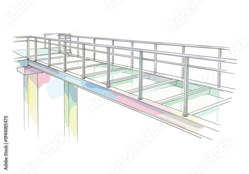 Modern elevated walkway with metal railings and colorful abstract accents on supports