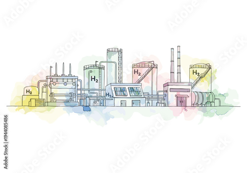 Industrial hydrogen production plant with storage tanks and pipelines, clean energy concept