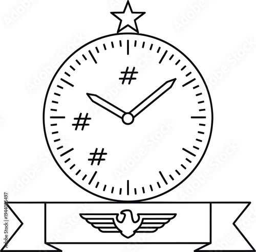 Black line of clock with hash marks on face and star on above banner with winged