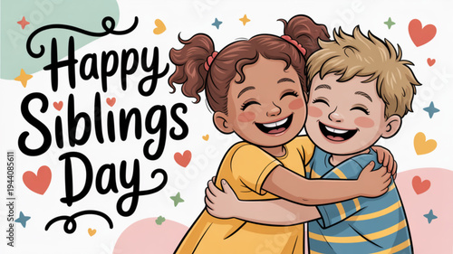Happy siblings day cartoon illustration of smiling kids hugging