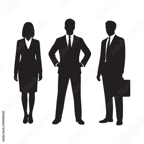 Group of business professional silhouettes standing in formal wear including woman and men with briefcase