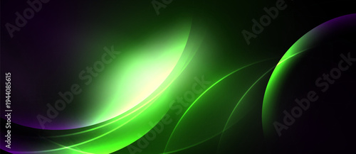 Abstract design features flowing curves, vibrant green hues, purple accents. Smooth gradients create dynamic visual effect. Dark background emphasizes luminosity.