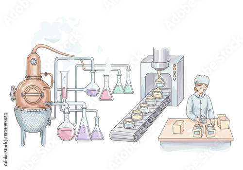 Cosmetic production line with distillation and packaging processes