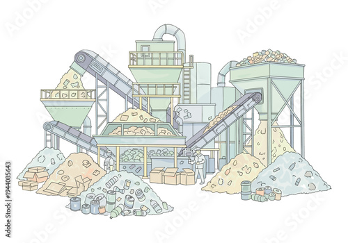 Recycling plant illustration showing waste sorting and processing with conveyor belts and piles of materials